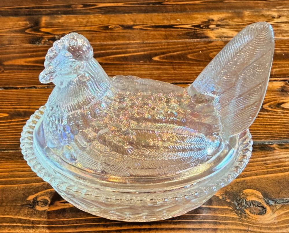 Vint Indiana Glass Clear Iridescent Hen Nest Covered Dish Carnival Farm Decor